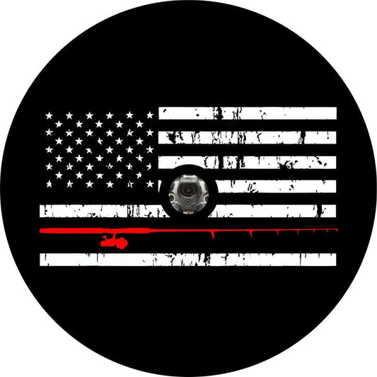 Distressed American Flag Fishing Pole Black & Red Spare Tire Cover